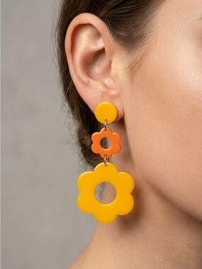 Retro Double Daisy Earrings | Yellow Orange Acrylic Flower Drops